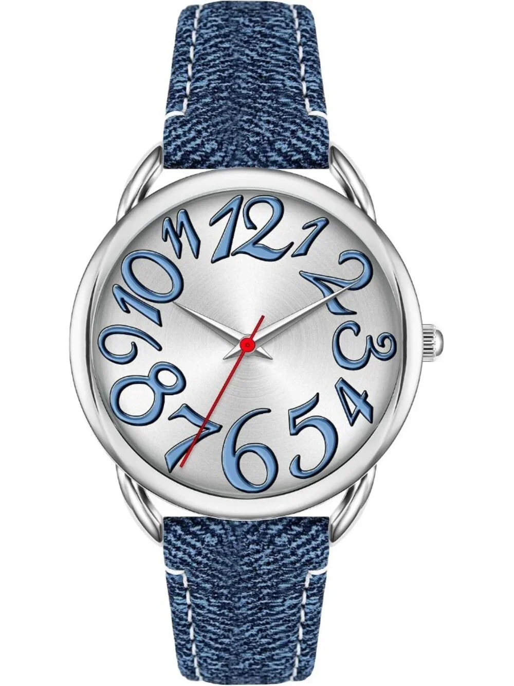 Women's Blue Big Arabic Numbers Dial Easy to Read Denim Leather Strap Watches